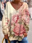 Plus Size Floral Print T-Shirt Casual V Neck Long Sleeve Top For Spring & Fall Women's Plus Size Clothing