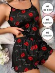 Sexy Red Lip & Letter Print Lettuce Trim Pajama Set Crew Neck Crop Cami Top & Elastic Shorts For Valentine's Day Women's Sleepwe