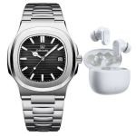 Men's Silver Quartz Watch With Wireless Bluetooth Earbuds