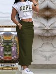 Nope Print Slit Hem Casual Set Cap Sleeve Crop Crew Neck T-Shirt & Bodycon Pocket Midi Skirt Women's Clothing