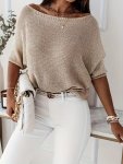 Three-quarter Sleeve Solid Sweater Casual Boat Neck Sweater For Spring & Fall Women's Clothing