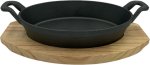 Dish Oval 24X17X4.5CM Cast Iron With Handles & Wooden Board Sizzler Tray