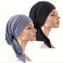 2-PACK Polyester Knitted Beanie Caps - Elastic Band Pirate Turban Hats Adjustable Tie-back Breathable Fabric Chemo & Muslim Friendly Solid Colors Featherless Design