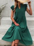 Solid Color Flutter Sleeve Dress Casual V Neck Ruched Dress For Summer Women's Clothing