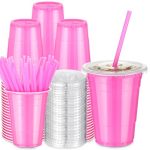 Lemonroad 50 Set 16 Oz Pink Party Cups With Lids And Straws Disposable Pink Plastic Heavy Duty Drinking Cups For Graduation Part