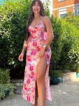 Floral Print Surplice Neck Dress Sexy Backless Spaghetti Strap Split Thigh Cami Dress For Spring & Summer Women's Clothing