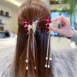 1PC Faux Pearl Tassel Hair Claw Clip Red Rose Jaw Clips Metal Shark Clips For Women Female Hair Styling Accessories