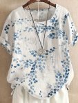 Plus Size Plant Print Crew Neck Blouse Casual Short Sleeve Top For Spring & Summer Women's Plus Size Clothing