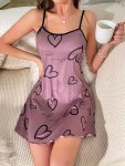 Heart & Letter Print Lettuce Trim Slip Nightdress Casual Round Neck Backless Sleep Dress Women's Sleepwear