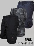 3PCS Men's Solid Casual Loose Fit Drawstring Cargo Shorts With Side Pockets For Summer Outdoor Leisure And Work
