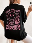 Letter & Smiling Face Print Drop Shoulder T-Shirt Short Sleeve Crew Neck Casual Top For Spring & Summer Women's Clothing