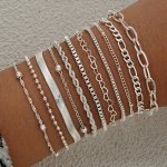 11-PIECE Silvery Heart Charm Chain Bracelet Set For Women Vacation & Simple Style Perfect For Dating Party Daily Wear Accessory