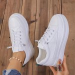 Women's White Platform Sneakers Casual Lace-up Fashion Shoes With Soft Sole Comfortable Walking Footwear For Daily Wear