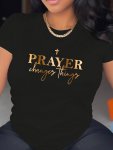 Prayer Print Crew Neck T-Shirt Casual Short Sleeve Top For Spring & Summer Women's Clothing