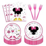 96-PIECE Pink Bow Mouse Birthday Party Supplies - Tableware Set With Dessert Plates Napkins Forks For 24 Guests