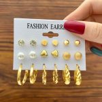 9 Pairs Set Stud Earrings & Hoop Earrings Retro Simple Style Alloy Plated Jewelry Daily Casual
