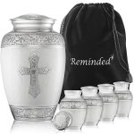 Reminded Set Of 5 Engraved Cross Cremation Urns For Human Ashes - 1 Brass Adult + 4 Keepsake Token Size White