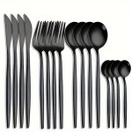 16-PIECE Black Stainless Steel Flatware Set - Includes Dinner Knife Fork Soup Spoon Teaspoon - Dishwasher Safe - Perfect For Hom