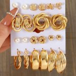 10-12 Pcs set Hoop Stud Earrings Elegant Faux Pearl Twist Knot C-shaped Alloy Earrings Vintage Jewelry Accessories For Women Gir