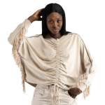 Fringe Detail Suede Batwing Top - Cream S m