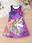 Girls Sweet Cartoon Unicorn Print Sleeveless Dress Vibrant Color Sundress For Summer