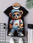 2PCS Boy's Cartoon Bear With Sunglasses Graphic Short Sleeve T-Shirt + Shorts Co-ord Thin Set Casual Comfy Clothing As Gift