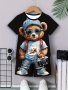 2pcs Boy's Cartoon Bear With Sunglasses Graphic Short Sleeve T-shirt + Shorts Co-ord Thin Set Casual Comfy Clothing As Gift