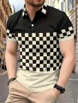Men's Checkered Pattern Print Short Sleeve Golf T-Shirt For Summer Outdoor Sports Tennis Tees For Males