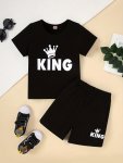 2PCS Boys Casual King Letter Graphic Print Short Sleeve T-Shirt & Shorts Set Comfy Summer Boys Clothes