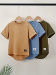 3PCS Boys Label Patched Solid Color Curved Hem T-Shirt Casual Lightweight Comfy Short Sleeve Tee Tops Boys Clothes For Summer