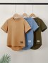 3pcs Boys Label Patched Solid Color Curved Hem T-shirt Casual Lightweight Comfy Short Sleeve Tee Tops Boys Clothes For Summer