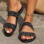 Women's Rhinestone Two Bands Slide Sandals Stylish Round Open Toe Summer Shoes Casual Outdoor Beach Slides