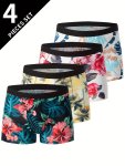 4PCS Flower Pattern Men's Antibacterial Underwear Casual Boxer Briefs Shorts Breathable Comfy Stretchy Boxer Sports Shorts
