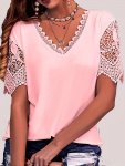 Plus Size Elegant T-Shirt Women's Plus Solid Contrast Lace Short Sleeve V Neck Slight Stretch T-Shirt