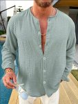 Men's Casual Solid Long Sleeve Button Up Crew Neck Shirt Versatile Style Shirt For Everyday Wear