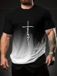 Men's Gradient Color Faith Print T-Shirt Casual Short Sleeve Crew Neck Tee Men's Clothing For Outdoor