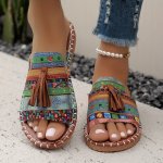 Women's Bohemian Canvas Sandals With Tassel Comfortable Slip-on Slides Casual Ethnic Pattern Peep Toe Summer Flat Slides