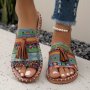 Women's Bohemian Canvas Sandals With Tassel Comfortable Slip-On Slides Casual Ethnic Pattern Peep Toe Summer Flat Slides
