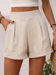 Rolled Hem Pleated Pocket Shorts Casual Solid High Waist Shirred Shorts For Spring & Summer Women's Clothing