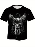 Retro Style Men's 3D Digital Eagle Motorcycle Rider And Lightning Pattern T-Shirt Crew Neck And Short Sleeve Tee Novel And Trend