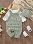 Infant Baby Wool Knitted Suspender Jumpsuit Long Legs Climbing Suit With Hat Set Without Lining