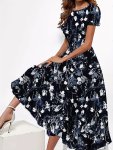 Floral Print Crew Neck Dress Elegant Short Sleeve A-line Flowy Dress For Spring & Summer Women's Clothing