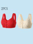 2PCS Women's Plus Elegant Bras Plus Size Floral Print Front Button Wireless Soft & Comfy Tank Bra