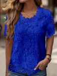 Solid Lace Crew Neck Blouse Elegant Short Sleeve Blouse For Spring & Summer Women's Clothing