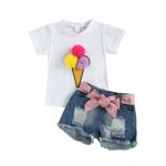 Ice Cream Pom Pom Tshirt With Denim Shorts 5-6Y - The Purple Lovey