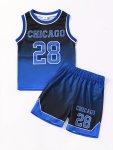 Boys Girls 2PCS SET Loose & Breathable Chicago 28 Print Gradient Color Outfit Sleeveless Basketball Tank Top & Shorts For Sports