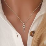 Keziah 925 Sterling Silver Cz Key Necklace 7X16MM On A 45CM Rolo Chain