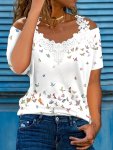 Butterfly Print V Neck T-Shirt Casual Cold Shoulder Short Sleeve Top For Spring & Summer Women's Clothing