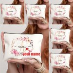 Custom Name Floral Wreath Makeup Bag - Personalized Toiletry Pouch Polyester Travel Cosmetic Organizer With Zipper For Women Ide