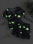 2 Pcs Boy's Luminous Cartoon Dinosaur Print Short Sleeve T-shirts & Elastic Waist Shorts Set Comfy & Skin-friendly Set As Daily
